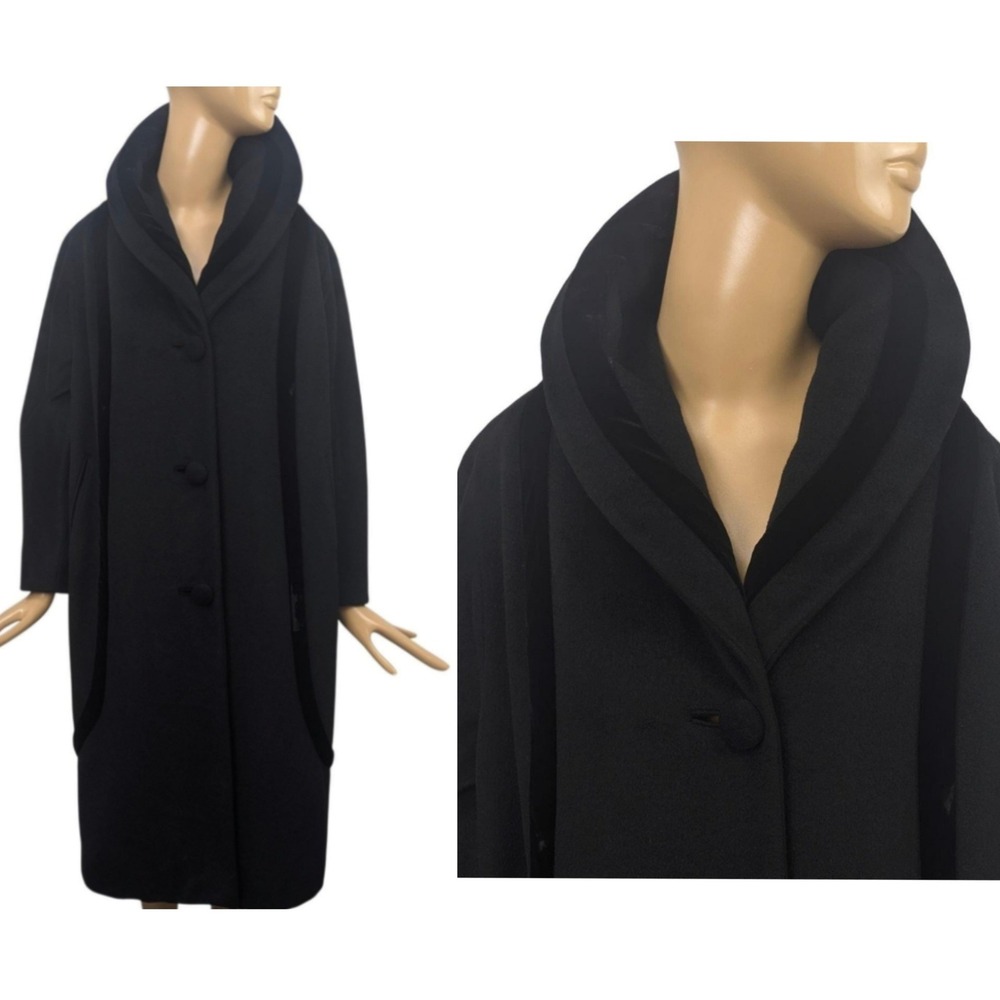 Vintage 50's Black Cashmere Lilli Ann Cocoon Coat Oversized Collar Velvet detail